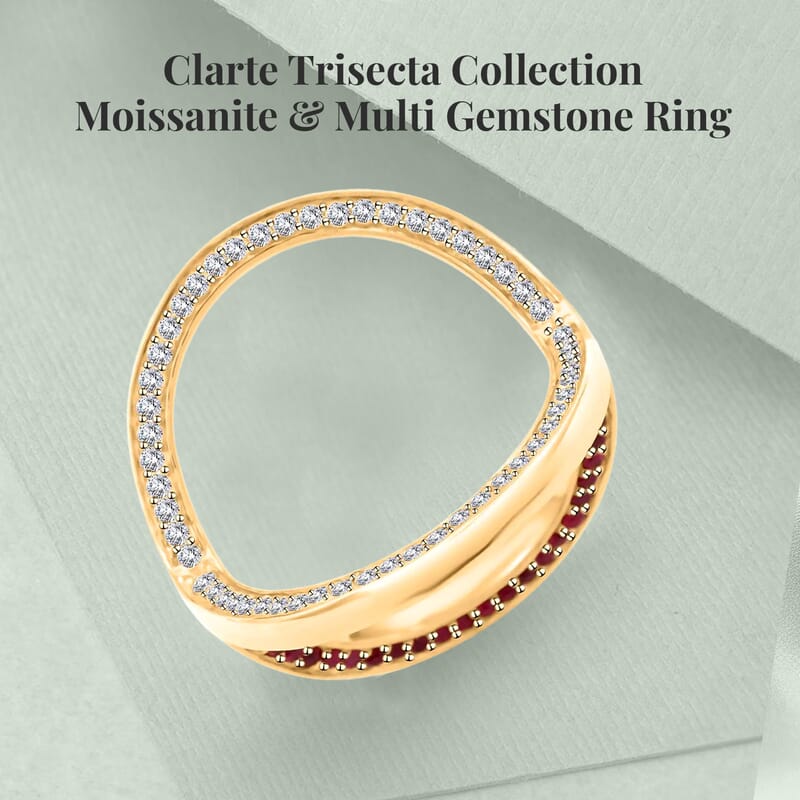 Clarte Trisect Collection Moissanite and Multi Gemstone Ring in Vermeil Yellow Gold Over Sterling Silver (Size 10.0) 1.50 ctw