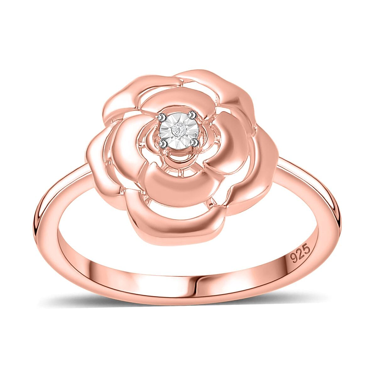 Diamond Accent Floral Ring in 18K Vermeil Rose Gold Over Sterling Silver (Size 11.5)