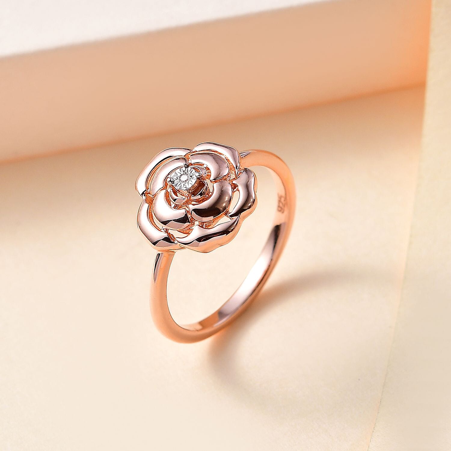 Diamond Accent Floral Ring in 18K Vermeil Rose Gold Over Sterling Silver (Size 11.5)