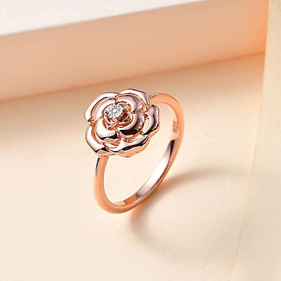 Diamond Accent Floral Ring in 18K Vermeil Rose Gold Over Sterling Silver (Size 11.5)
