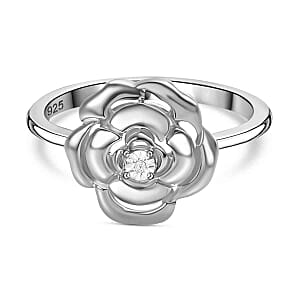 White Diamond Floral Ring in Platinum Over Sterling Silver (Size 9)