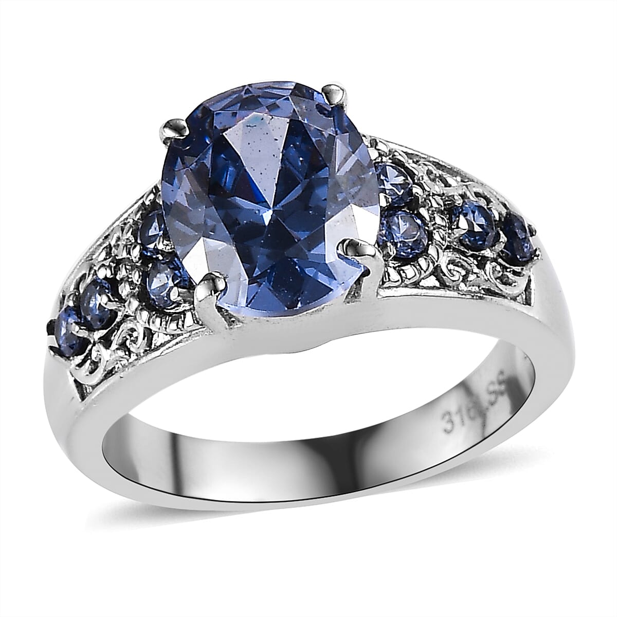 Simulated Tanzanite and Simulated Blue Diamond 4.80 ctw Ring in Stainless Steel (Size 10.0)  image number 0