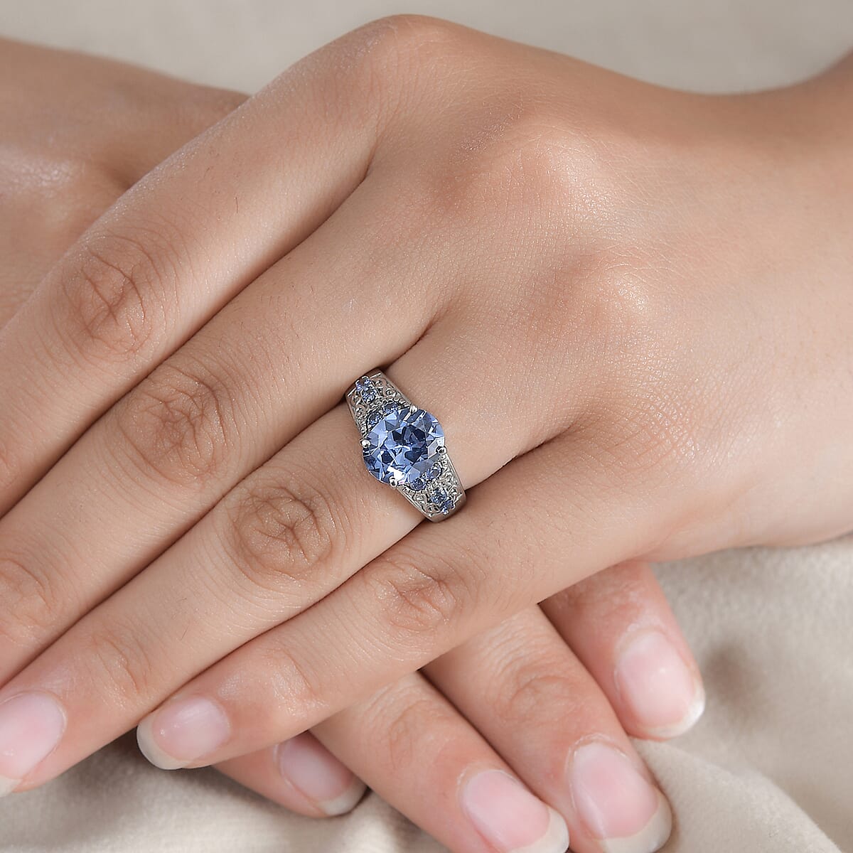 Simulated Tanzanite and Simulated Blue Diamond 4.80 ctw Ring in Stainless Steel (Size 10.0)  image number 2
