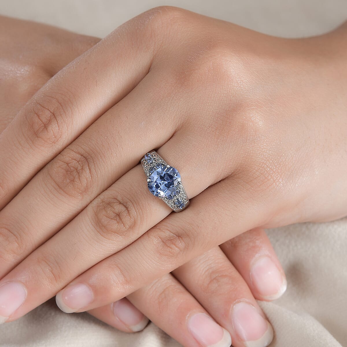 Simulated Tanzanite and Simulated Blue Diamond 4.80 ctw Ring in Stainless Steel (Size 8.0)  image number 2