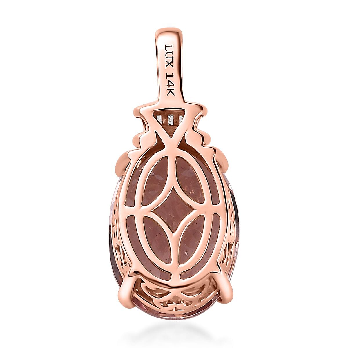 Luxoro 14K Rose Gold AAA Pink Morganite and G-H I2 Diamond Pendant 6.40 ctw