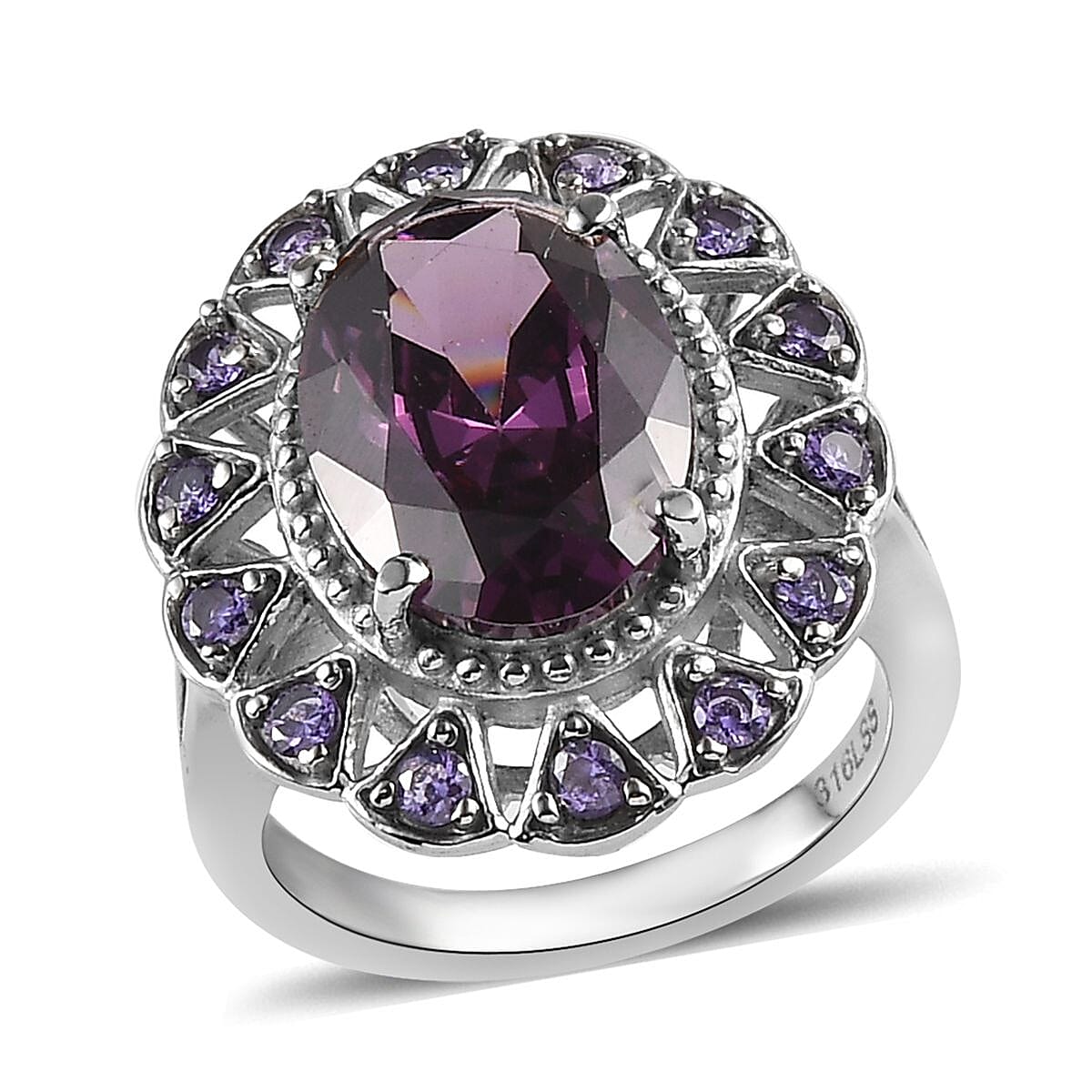 Simulated Amethyst and Simulated Purple Diamond Floral Ring in Stainless Steel (Size 10.0) 9.90 ctw