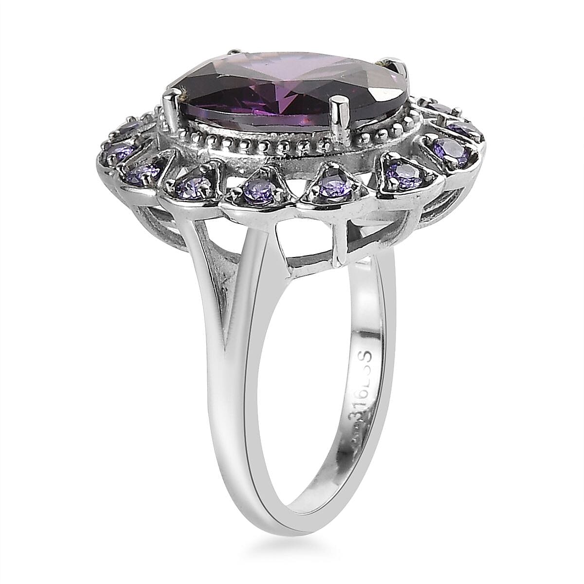 Simulated Amethyst and Simulated Purple Diamond Floral Ring in Stainless Steel (Size 10.0) 9.90 ctw