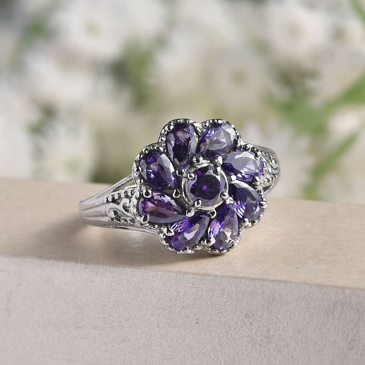 Simulated Blue Diamond Floral Ring in Stainless Steel (Size 10.0) 2.85 ctw image number 1