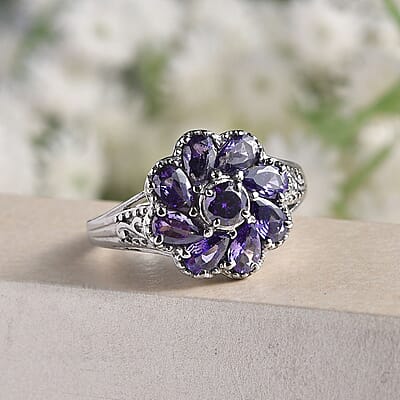 Simulated Blue Diamond Floral Ring in Stainless Steel (Size 10.0) 2.85 ctw