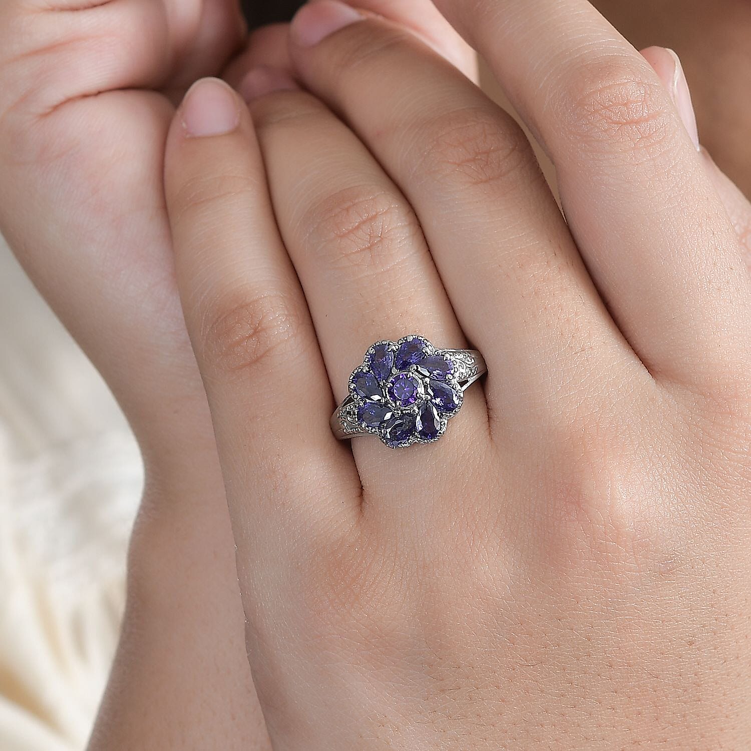 Simulated Blue Diamond Floral Ring in Stainless Steel (Size 10.0) 2.85 ctw
