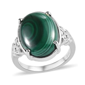 African Malachite Solitaire Ring in Stainless Steel (Size 7.0) 11.00 ctw