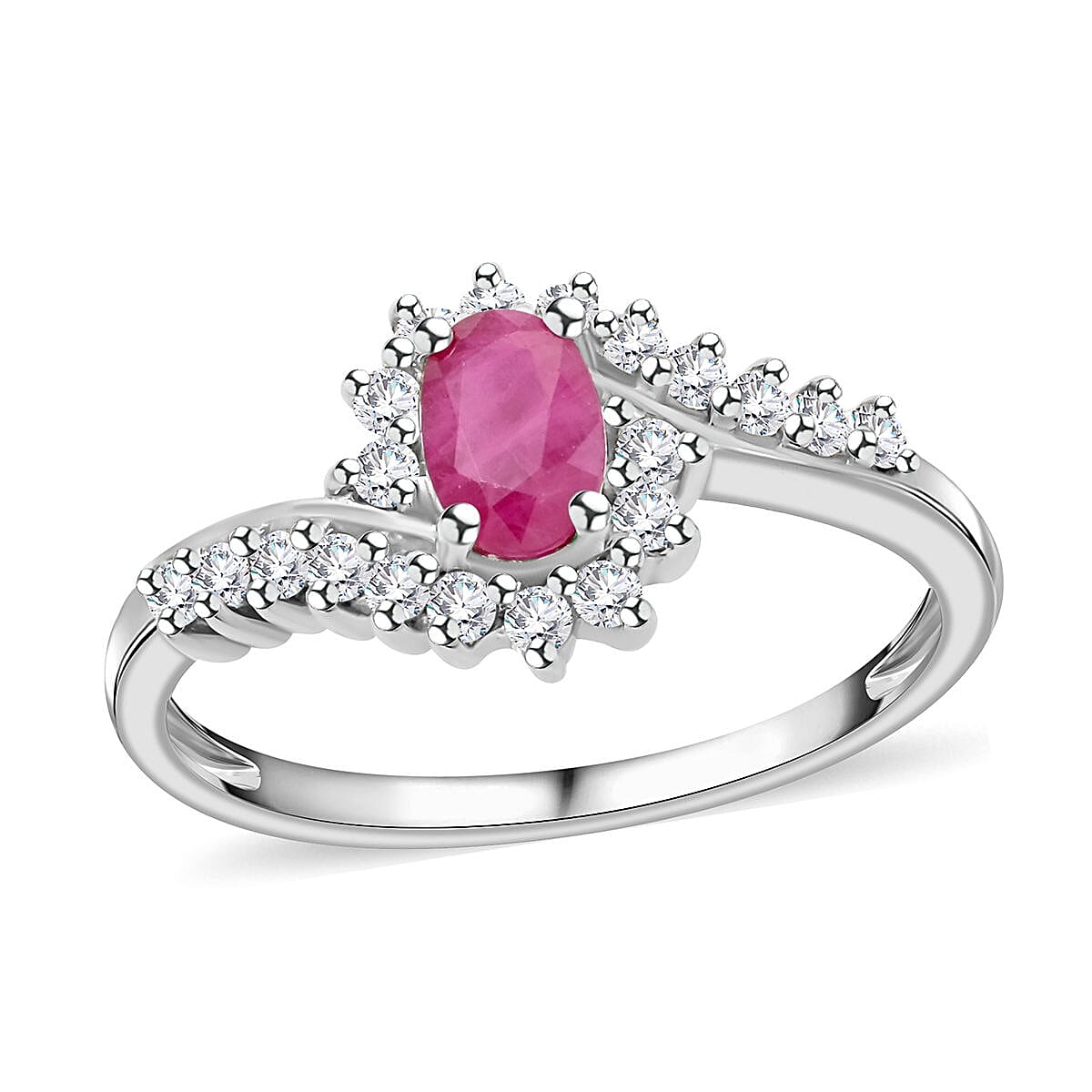 Premium Mozambique Ruby and White Zircon Sunburst Ring in Platinum Over Sterling Silver (Size 10.0) 1.10 ctw