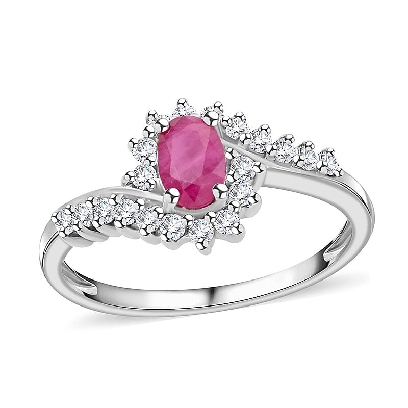 Premium Mozambique Ruby and White Zircon Sunburst Ring in Platinum Over Sterling Silver (Size 10.0) 1.10 ctw