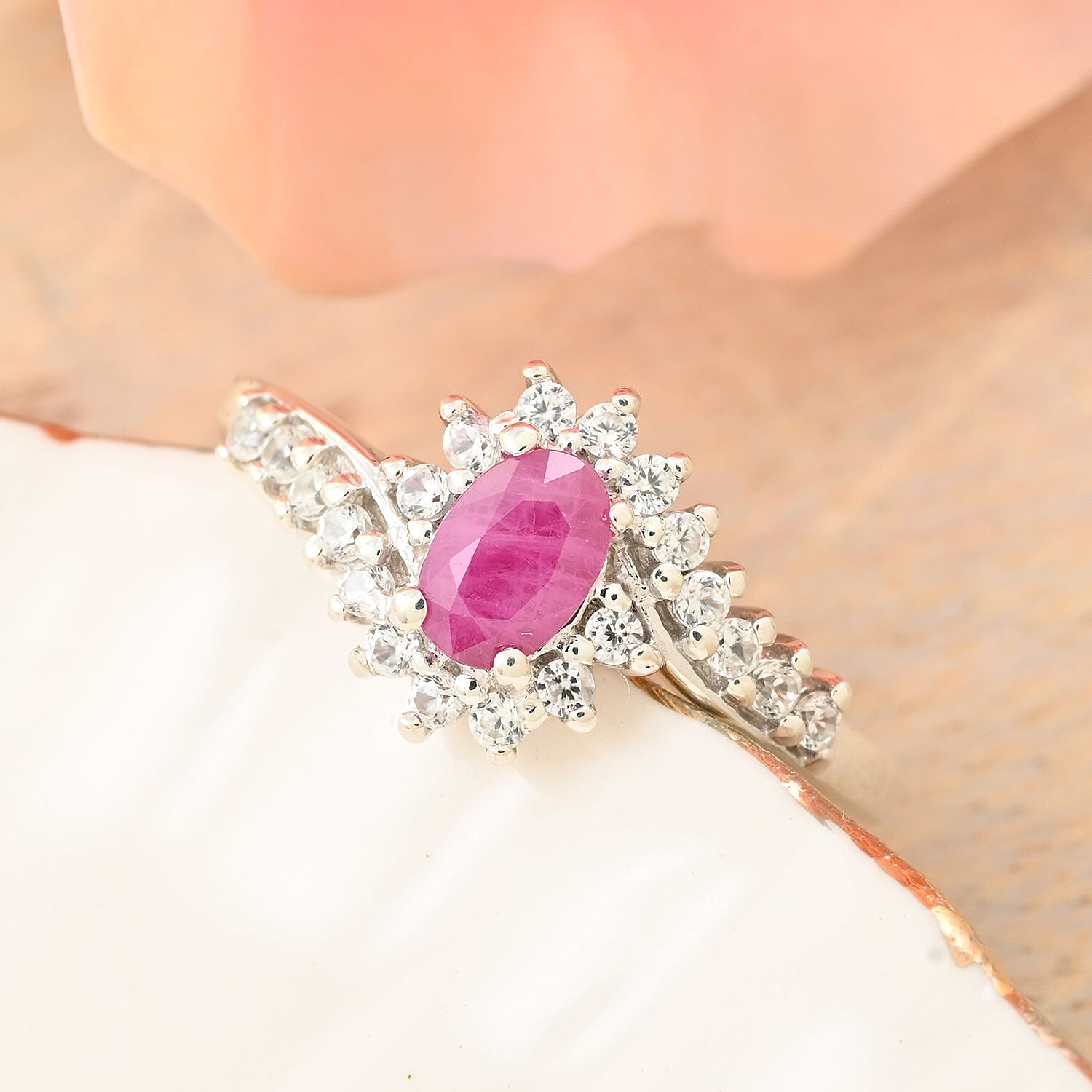 Premium Mozambique Ruby and White Zircon Sunburst Ring in Platinum Over Sterling Silver (Size 10.0) 1.10 ctw