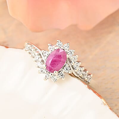 Premium Mozambique Ruby and White Zircon Sunburst Ring in Platinum Over Sterling Silver (Size 10.0) 1.10 ctw