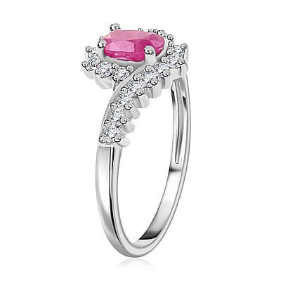 Premium Mozambique Ruby and White Zircon Sunburst Ring in Platinum Over Sterling Silver (Size 10.0) 1.10 ctw