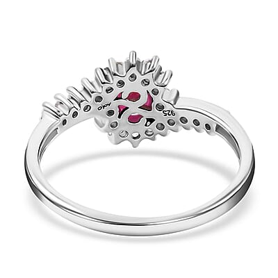 Premium Mozambique Ruby and White Zircon Sunburst Ring in Platinum Over Sterling Silver (Size 10.0) 1.10 ctw