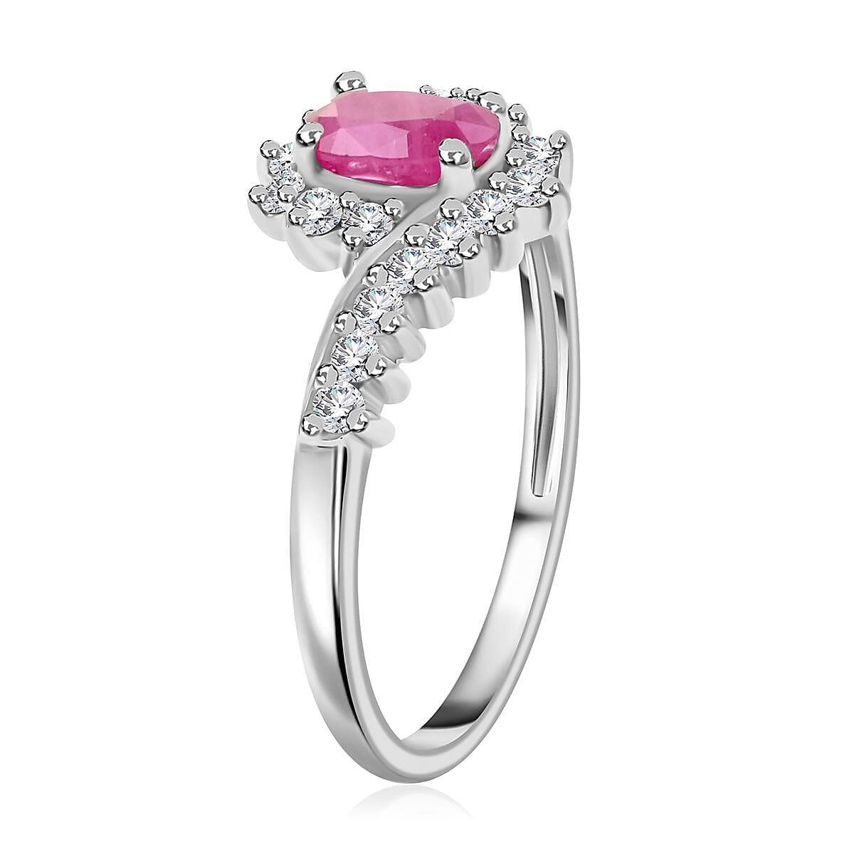 Premium Mozambique Ruby and White Zircon Sunburst Ring in Platinum Over Sterling Silver (Size 7.0) 1.10 ctw image number 3