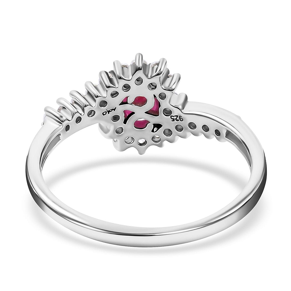 Premium Mozambique Ruby and White Zircon Sunburst Ring in Platinum Over Sterling Silver (Size 7.0) 1.10 ctw image number 4