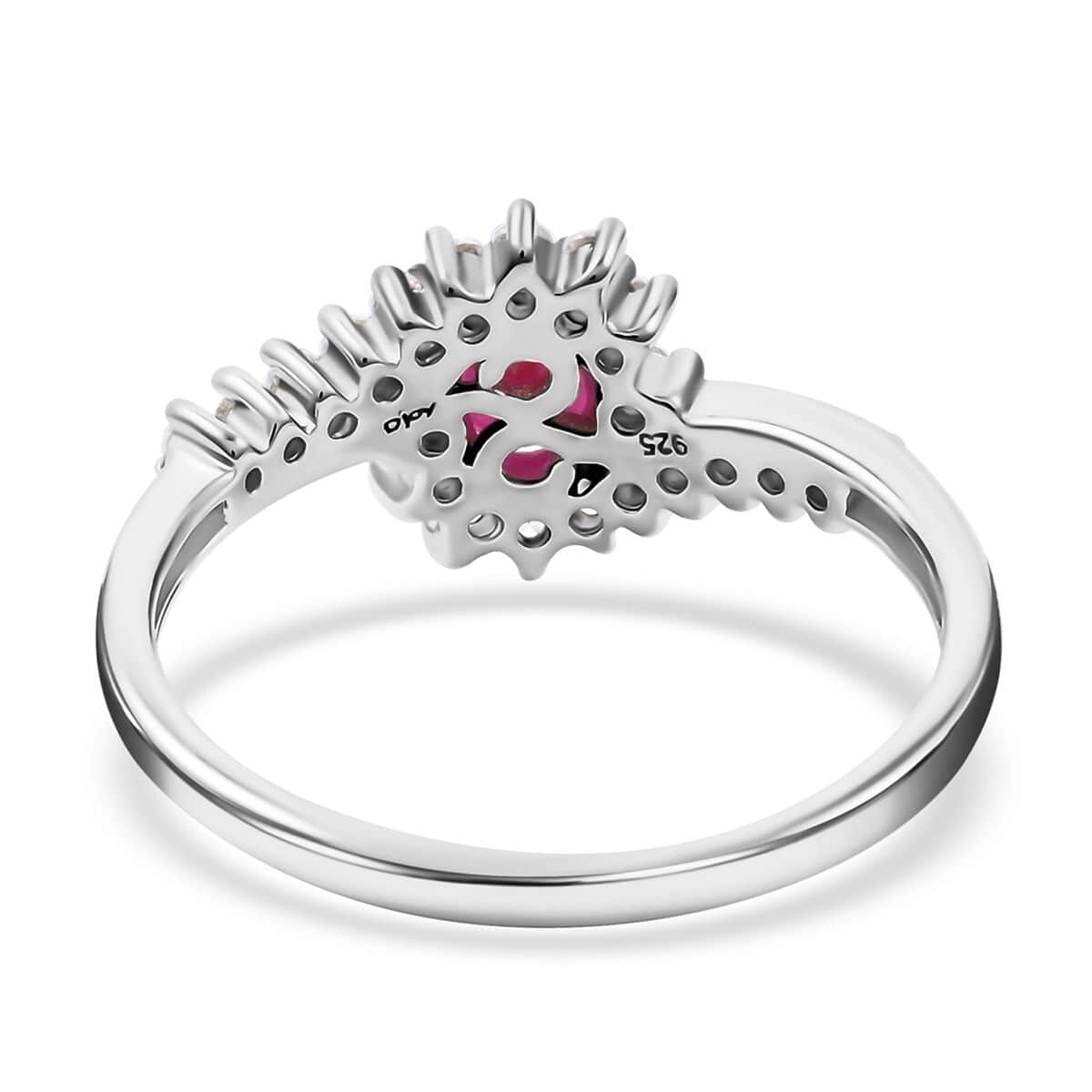 Premium Mozambique Ruby and White Zircon Sunburst Ring in Platinum Over Sterling Silver (Size 10.0) 1.10 ctw image number 4