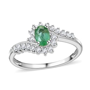 Premium Kagem Zambian Emerald and White Zircon Sunburst Ring in Platinum Over Sterling Silver (Size 7.0) 1.10 ctw