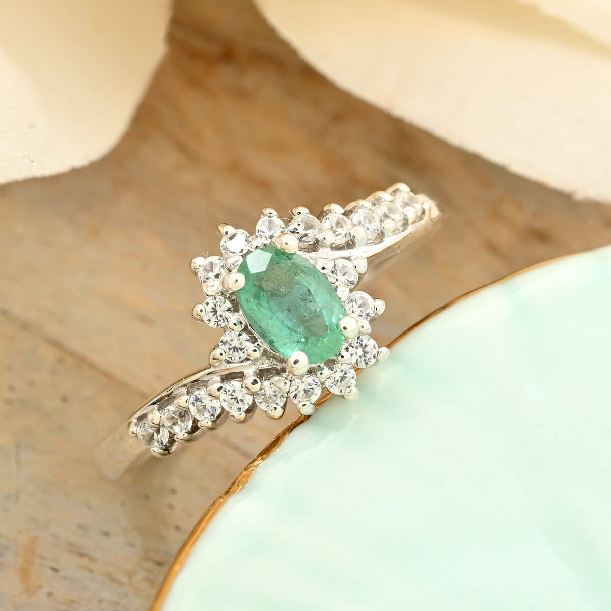 Premium Kagem Zambian Emerald and White Zircon Sunburst Ring in Platinum Over Sterling Silver (Size 7.0) 1.10 ctw image number 1