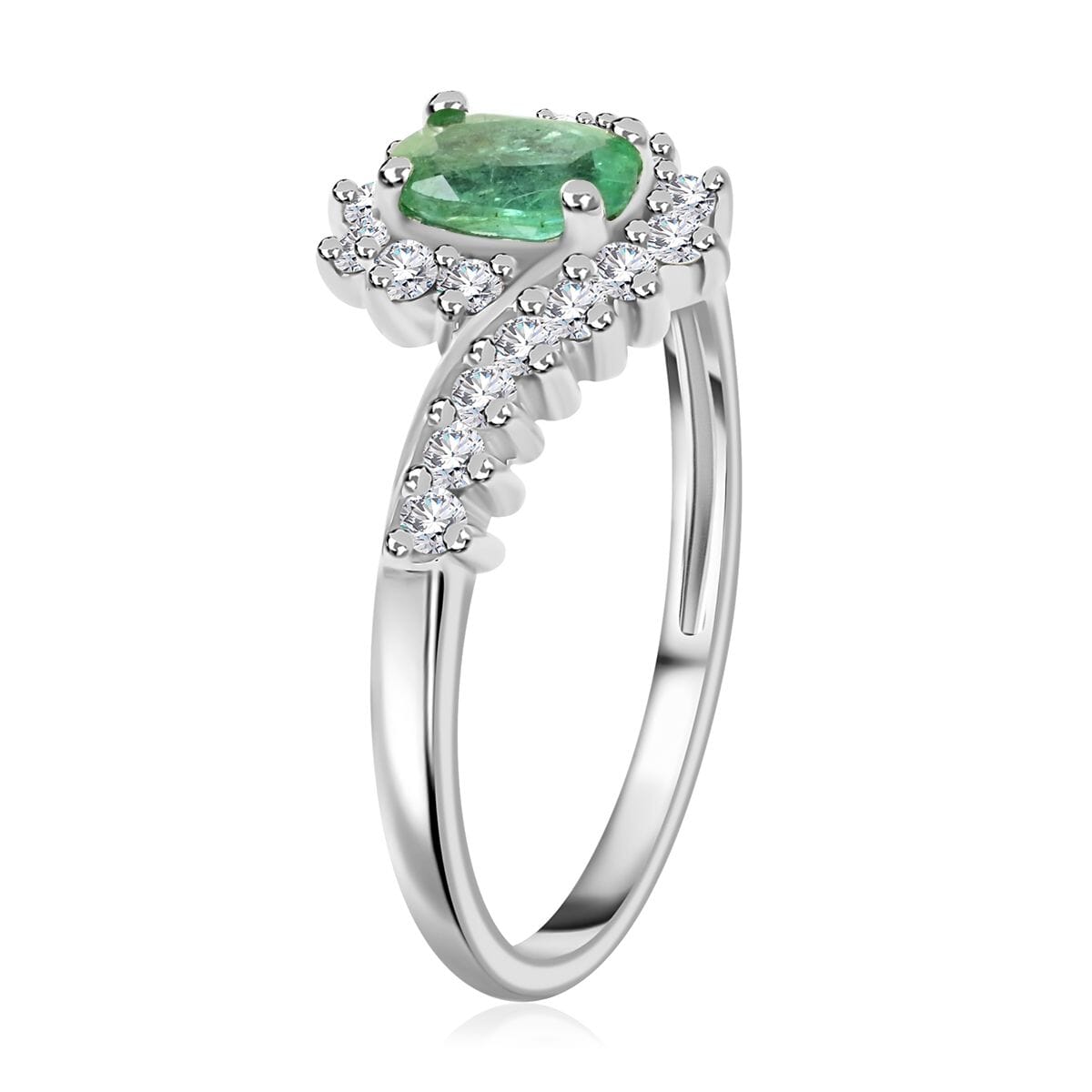 Premium Kagem Zambian Emerald and White Zircon Sunburst Ring in Platinum Over Sterling Silver (Size 7.0) 1.10 ctw image number 3