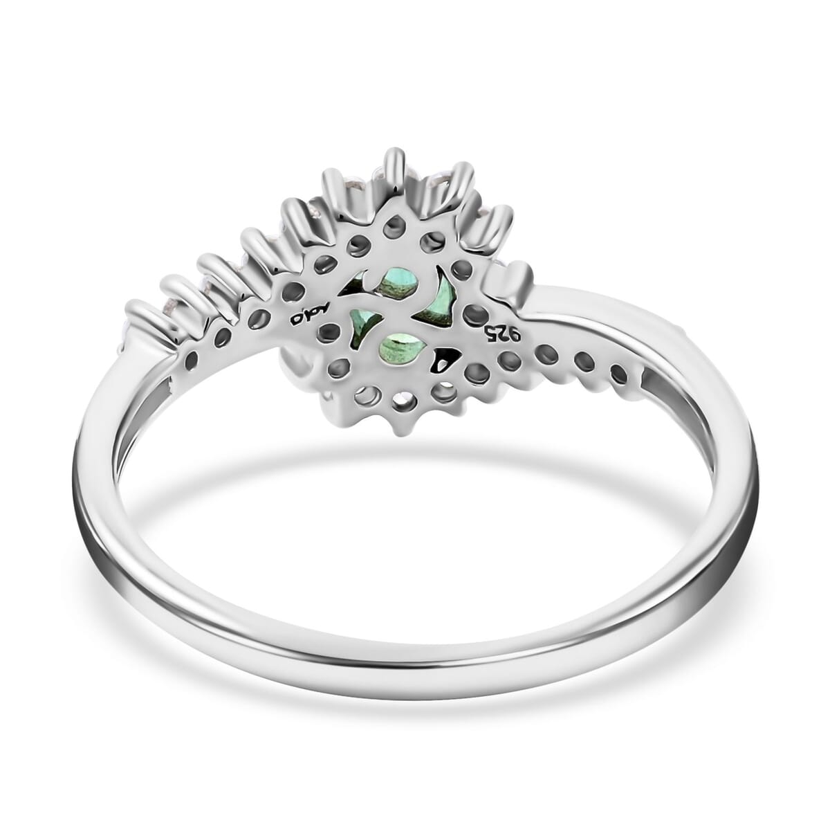 Premium Kagem Zambian Emerald and White Zircon Sunburst Ring in Platinum Over Sterling Silver (Size 7.0) 1.10 ctw image number 4