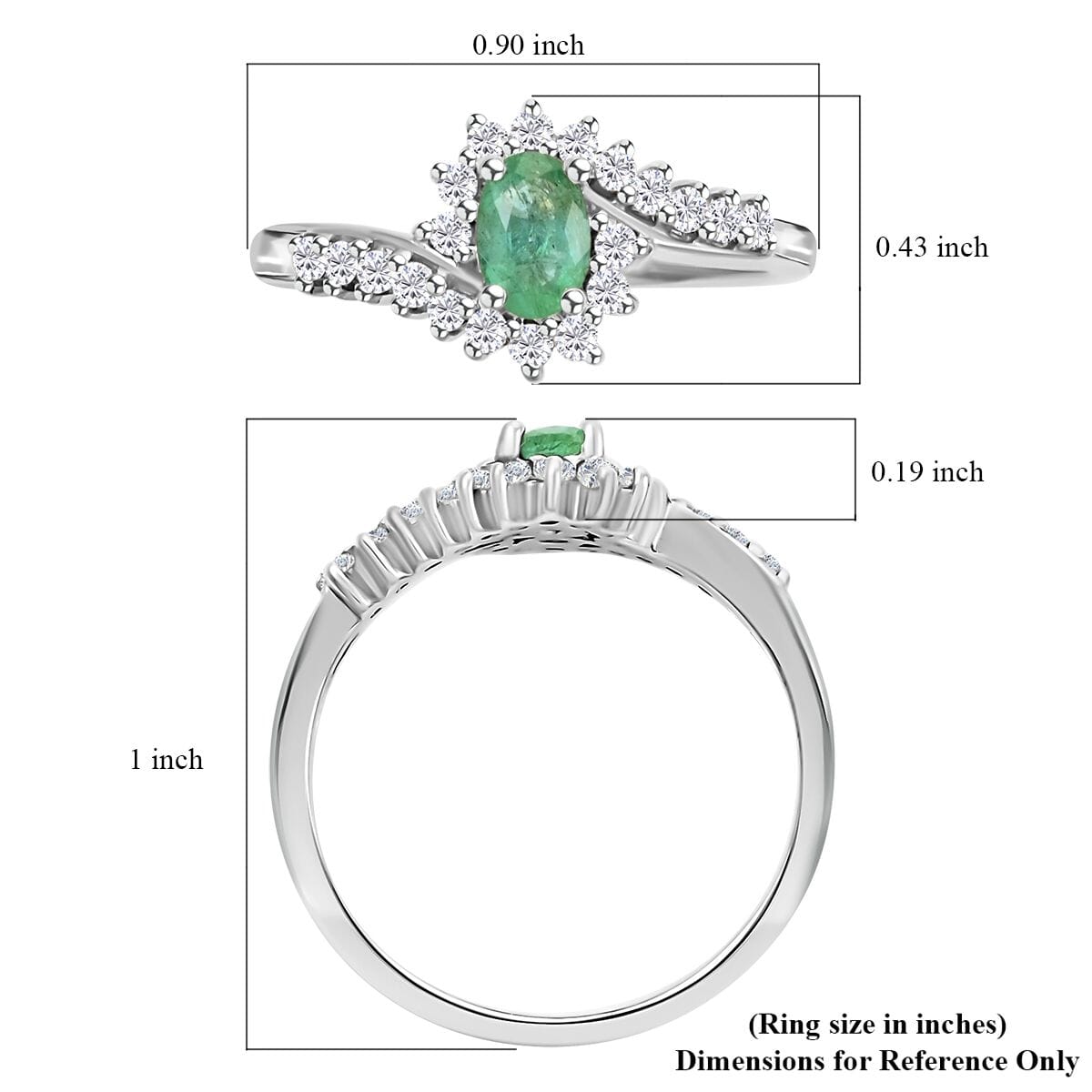 Premium Kagem Zambian Emerald and White Zircon Sunburst Ring in Platinum Over Sterling Silver (Size 7.0) 1.10 ctw image number 5