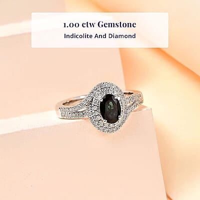 Luxoro 14K White Gold AAA Monte Belo Indicolite and G-H I2 Diamond Ring (Size 12.0) 4.35 Grams 1.00 ctw