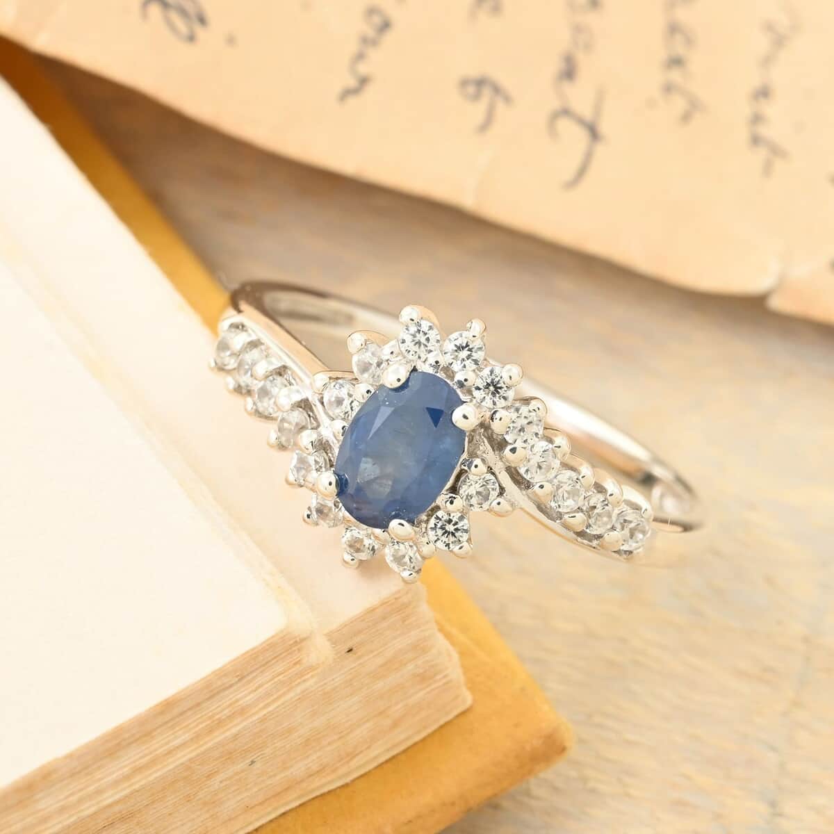 Premium Kanchanaburi Blue Sapphire and White Zircon Sunburst Ring in Platinum Over Sterling Silver (Size 5.0) 1.10 ctw image number 1