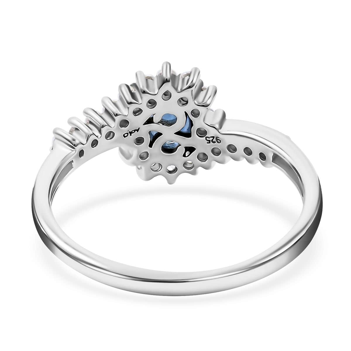 Premium Kanchanaburi Blue Sapphire and White Zircon Sunburst Ring in Platinum Over Sterling Silver (Size 5.0) 1.10 ctw image number 4