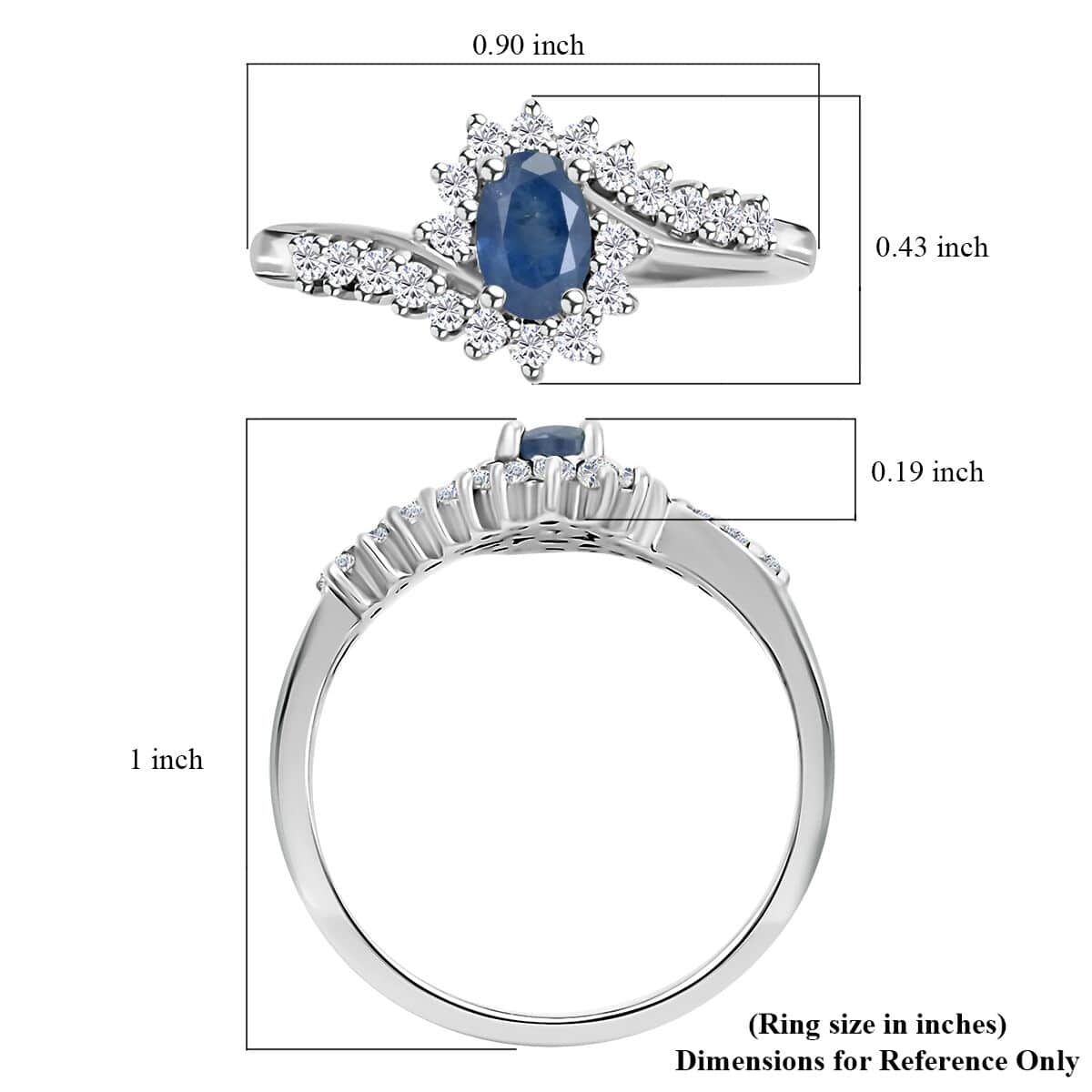 Premium Kanchanaburi Blue Sapphire and White Zircon Sunburst Ring in Platinum Over Sterling Silver (Size 5.0) 1.10 ctw image number 5