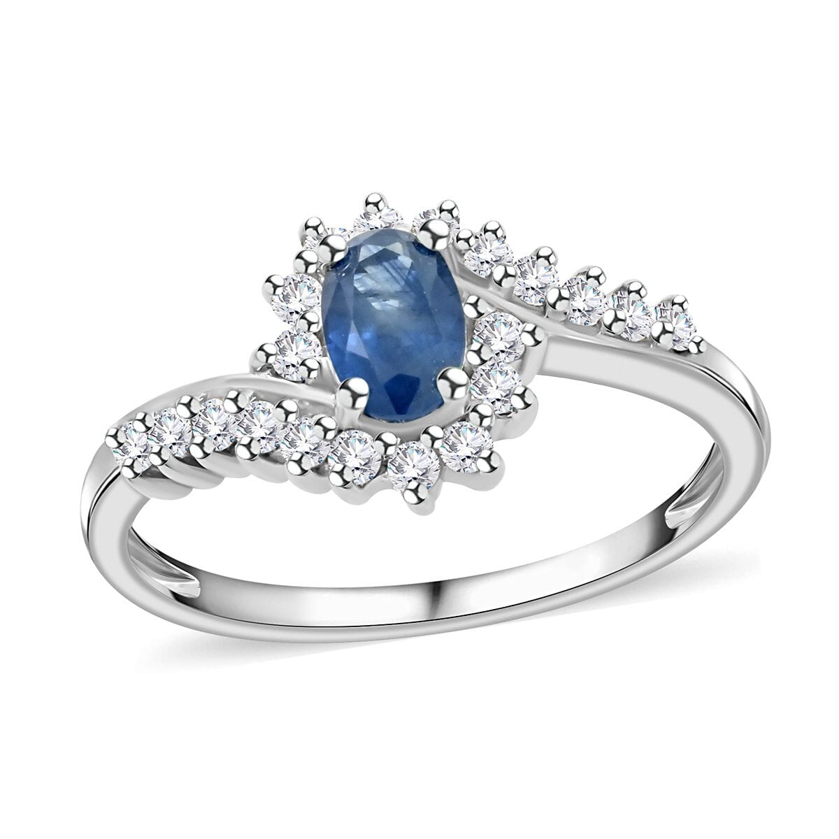 Premium Kanchanaburi Blue Sapphire and White Zircon Sunburst Ring in Platinum Over Sterling Silver (Size 6.0) 1.10 ctw image number 0