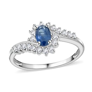 Premium Kanchanaburi Blue Sapphire and White Zircon Sunburst Ring in Platinum Over Sterling Silver (Size 6.0) 1.10 ctw