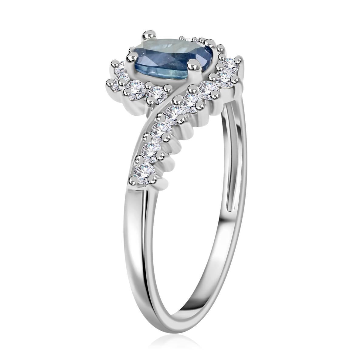 Premium Kanchanaburi Blue Sapphire and White Zircon Sunburst Ring in Platinum Over Sterling Silver (Size 6.0) 1.10 ctw image number 3