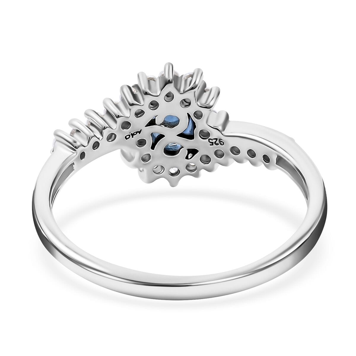 Premium Kanchanaburi Blue Sapphire and White Zircon Sunburst Ring in Platinum Over Sterling Silver (Size 6.0) 1.10 ctw image number 4