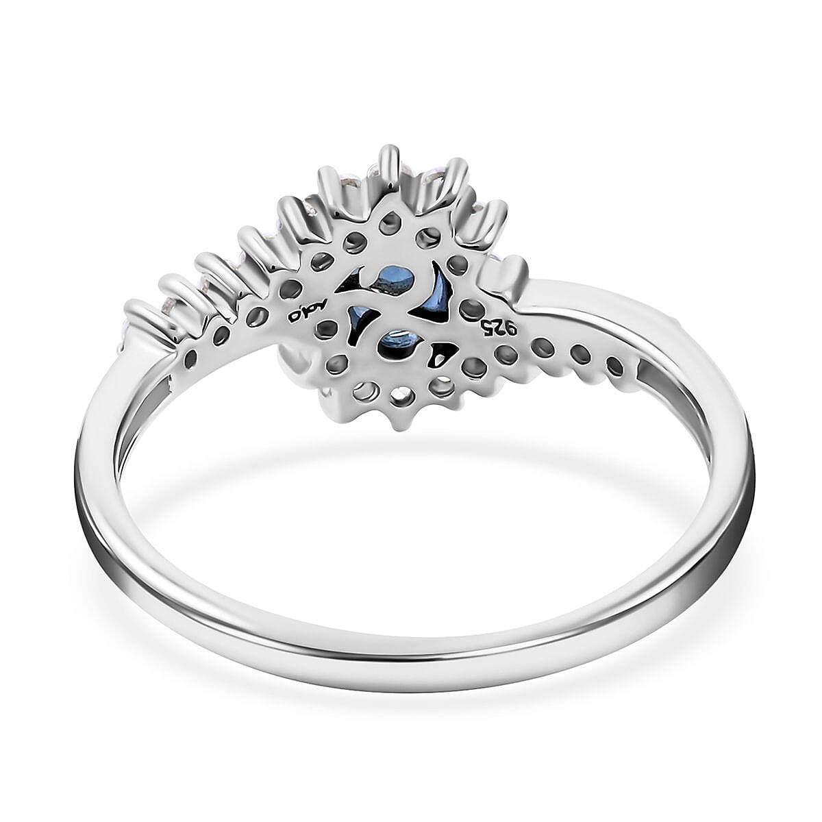 Premium Kanchanaburi Blue Sapphire and White Zircon Sunburst Ring in Platinum Over Sterling Silver (Size 8.0) 1.10 ctw image number 4