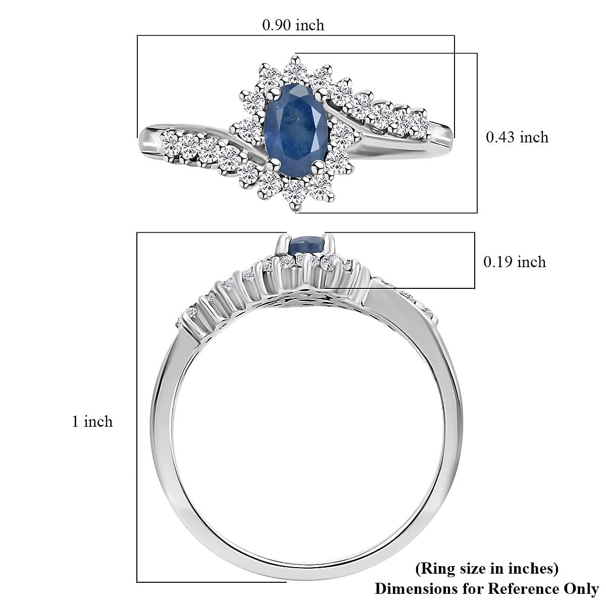 Premium Kanchanaburi Blue Sapphire and White Zircon Sunburst Ring in Platinum Over Sterling Silver (Size 8.0) 1.10 ctw image number 5