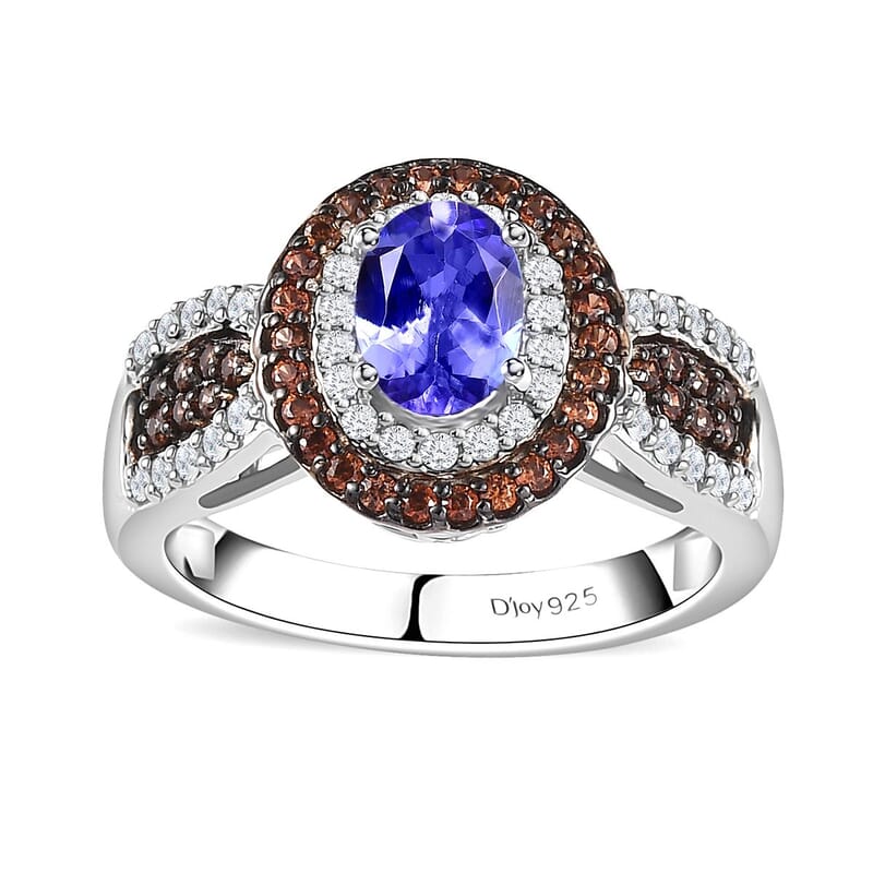Tanzanite, Brown and White Zircon Double Halo Ring in Platinum Over Sterling Silver (Size 5.0) 1.60 ctw