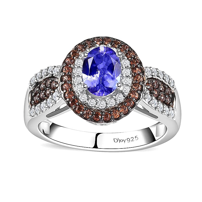 Tanzanite, Brown and White Zircon Double Halo Ring in Platinum Over Sterling Silver (Size 5.0) 1.60 ctw