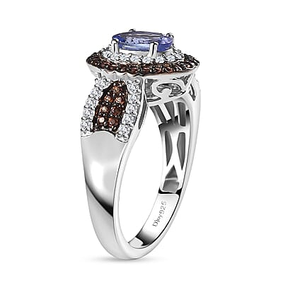 Tanzanite, Brown and White Zircon Double Halo Ring in Platinum Over Sterling Silver (Size 5.0) 1.60 ctw