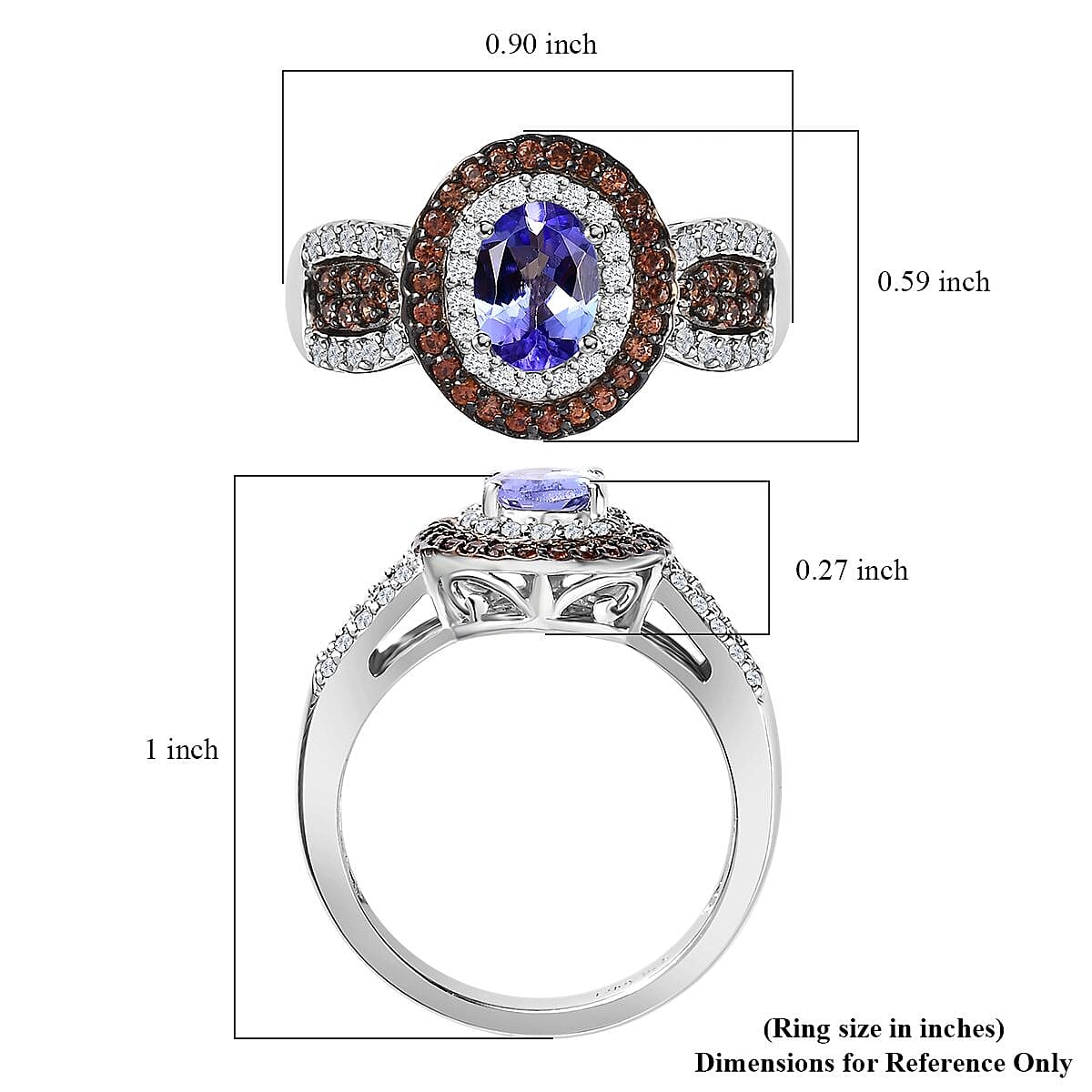 Tanzanite, Brown and White Zircon Double Halo Ring in Platinum Over Sterling Silver (Size 5.0) 1.60 ctw