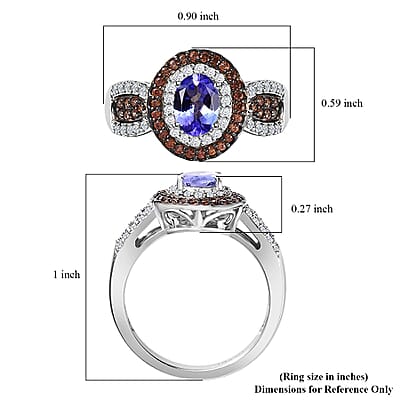 Tanzanite, Brown and White Zircon Double Halo Ring in Platinum Over Sterling Silver (Size 5.0) 1.60 ctw