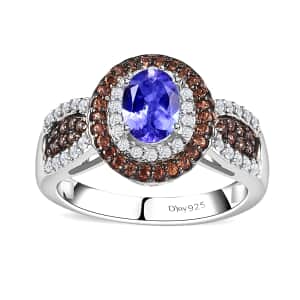 Tanzanite, Brown and White Zircon Double Halo Ring in Platinum Over Sterling Silver (Size 7.0) 1.60 ctw