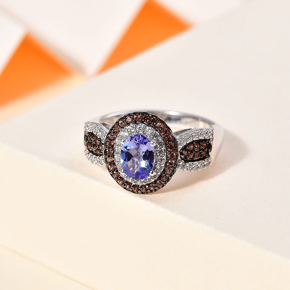 Tanzanite, Brown and White Zircon Double Halo Ring in Platinum Over Sterling Silver (Size 9.0) 1.60 ctw image number 1