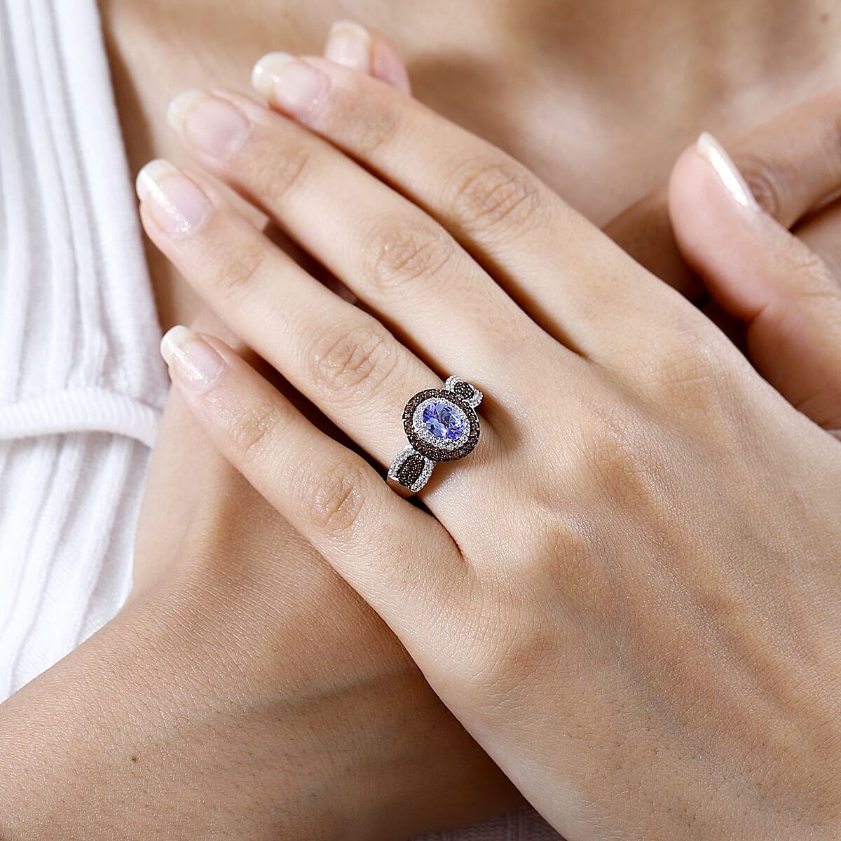 Tanzanite, Brown and White Zircon Double Halo Ring in Platinum Over Sterling Silver (Size 9.0) 1.60 ctw image number 2