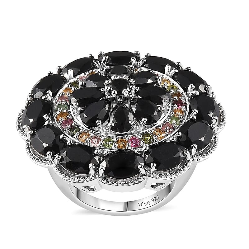 Thai Black Spinel and Multi-Tourmaline Floral Ring in Platinum Over Sterling Silver (Size 10.0) 17.50 ctw