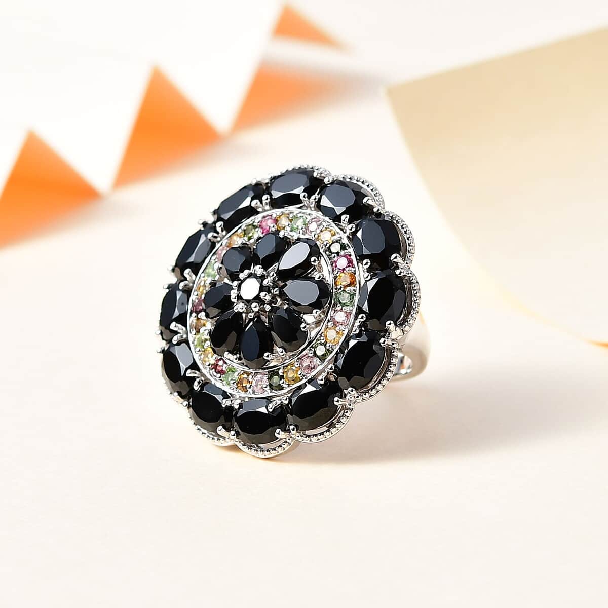 Thai Black Spinel and Multi-Tourmaline Floral Ring in Platinum Over Sterling Silver (Size 10.0) 17.25 ctw image number 1