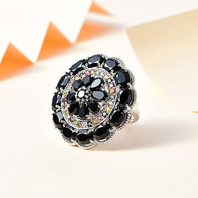 Thai Black Spinel and Multi-Tourmaline Floral Ring in Platinum Over Sterling Silver (Size 10.0) 17.50 ctw